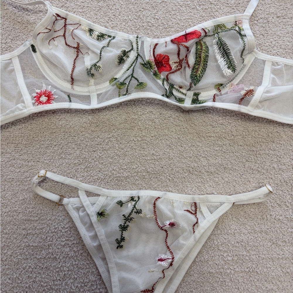 Sheer White Embroidered Floral Lingerie Set